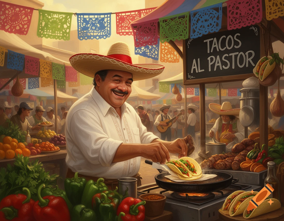 A smiling man in a sombrero cooks tacos al pastor at a vibrant outdoor market decorated with papel picado.