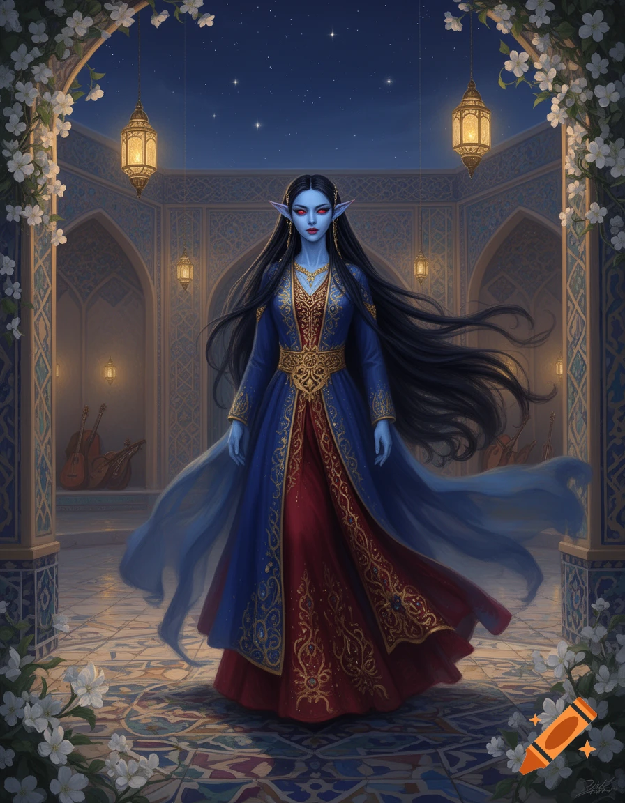 A blue-skinned elf woman with black hair and red eyes in a flowing blue and red Persian gown stands in an ornate courtyard at night.