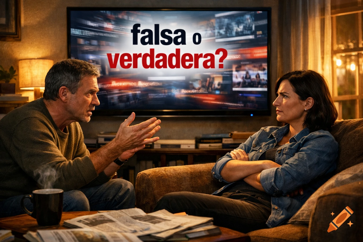 A man gesticulates while talking to a woman, both watching a TV displaying 'falsa o verdadera?' (false or true?).