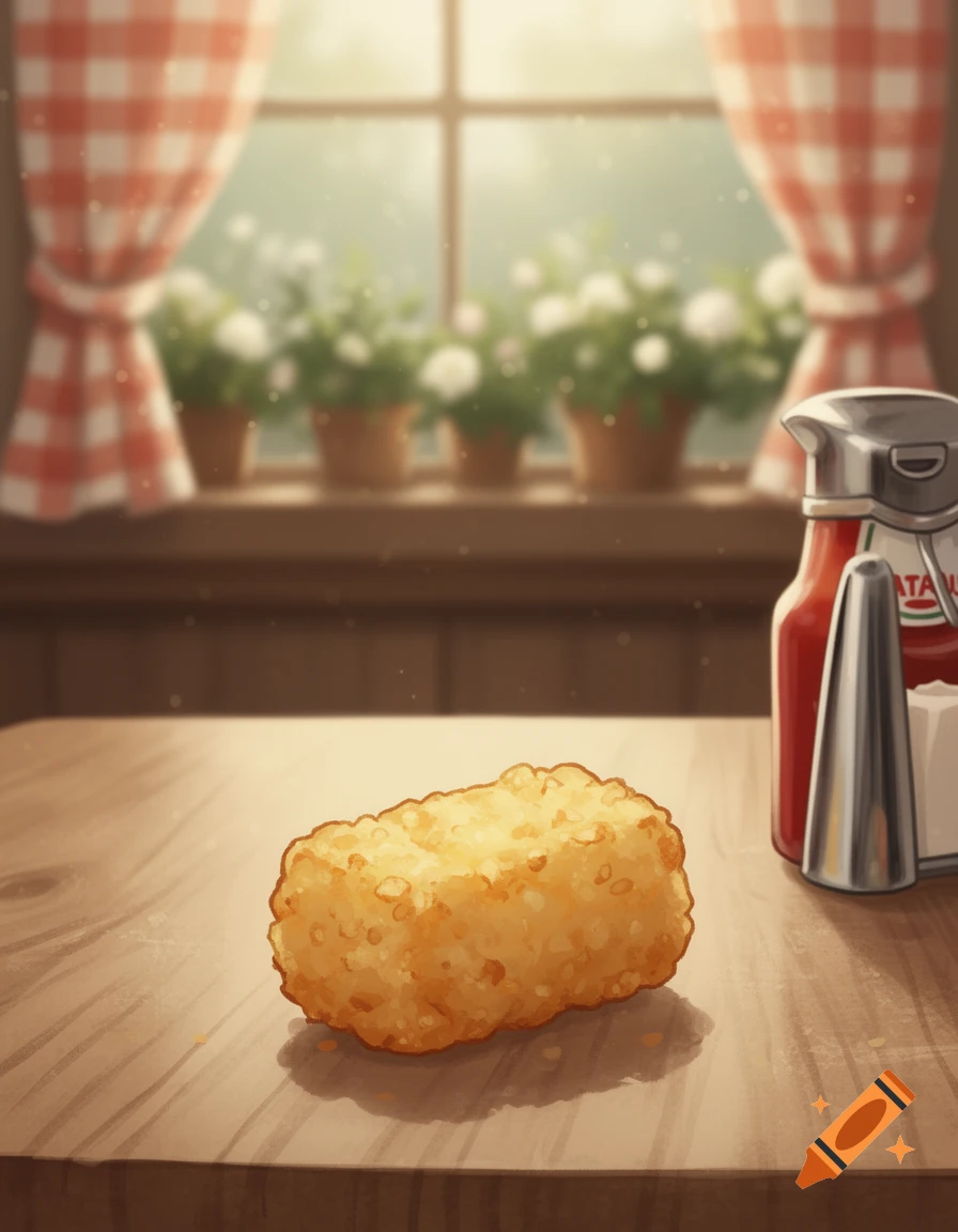 A golden-brown tater tot rests on a wooden table, with red ketchup and a silver shaker in the background.