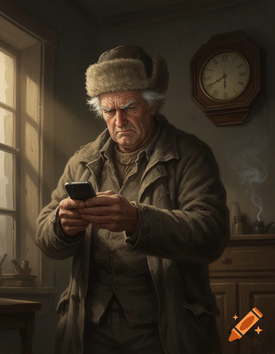 A grumpy old man in a fur hat intently looks at a smartphone, illuminated by window light in a detailed digital painting.