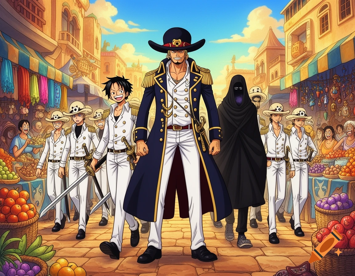 An anime marine captain, Luffy, a mysterious cloaked figure, and other marines walk through a vibrant, bustling market street.