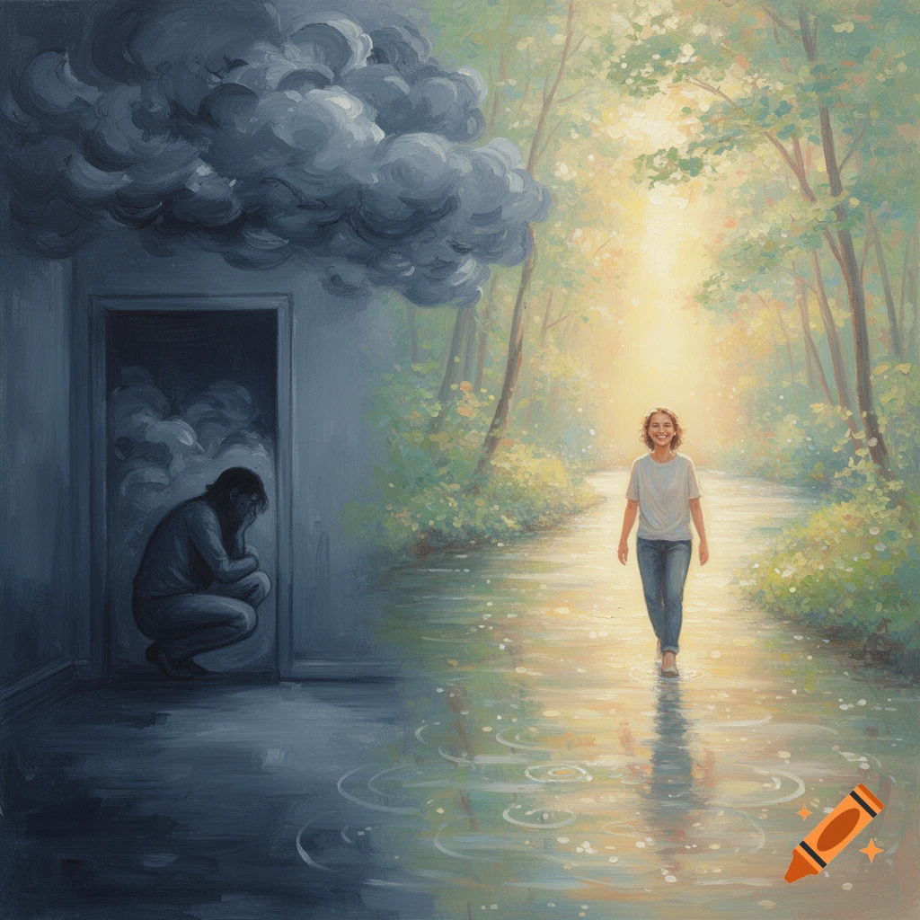 Abstract painting contrasting a person hiding in a dark room under storm clouds with a smiling person walking in a sunlit forest.