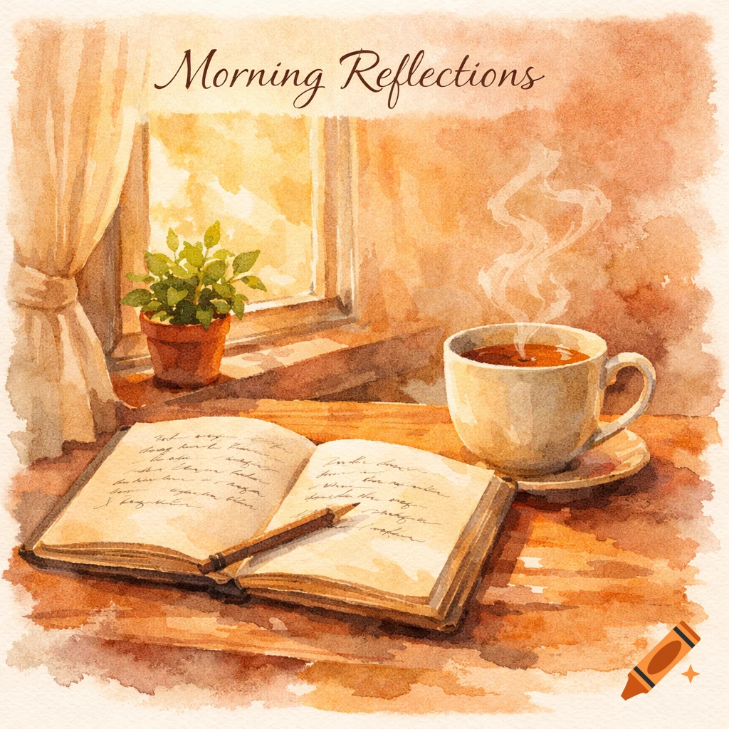 Watercolor painting of a cozy morning scene with an open journal, pencil, steaming cup of coffee, and a potted plant by a window.