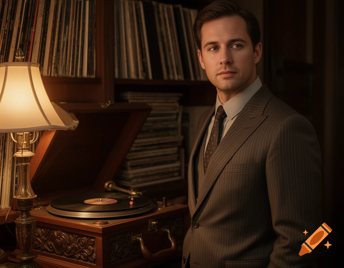 A well-dressed man in a pinstripe suit stands next to a vintage record ...