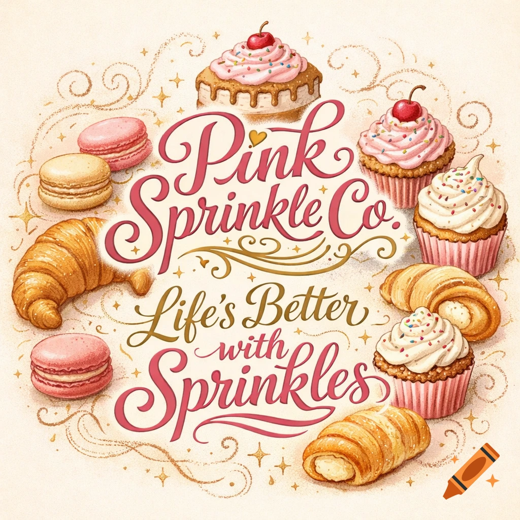 Illustrated bakery merchandise design with cupcakes, macarons, and croissants surrounding the text 'Pink Sprinkle Co. Life's Better with Sprinkles'.
