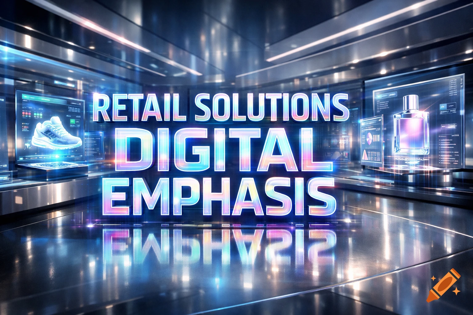 Futuristic digital retail environment with glowing 'RETAIL SOLUTIONS DIGITAL EMPHASIS' text and holographic product displays.