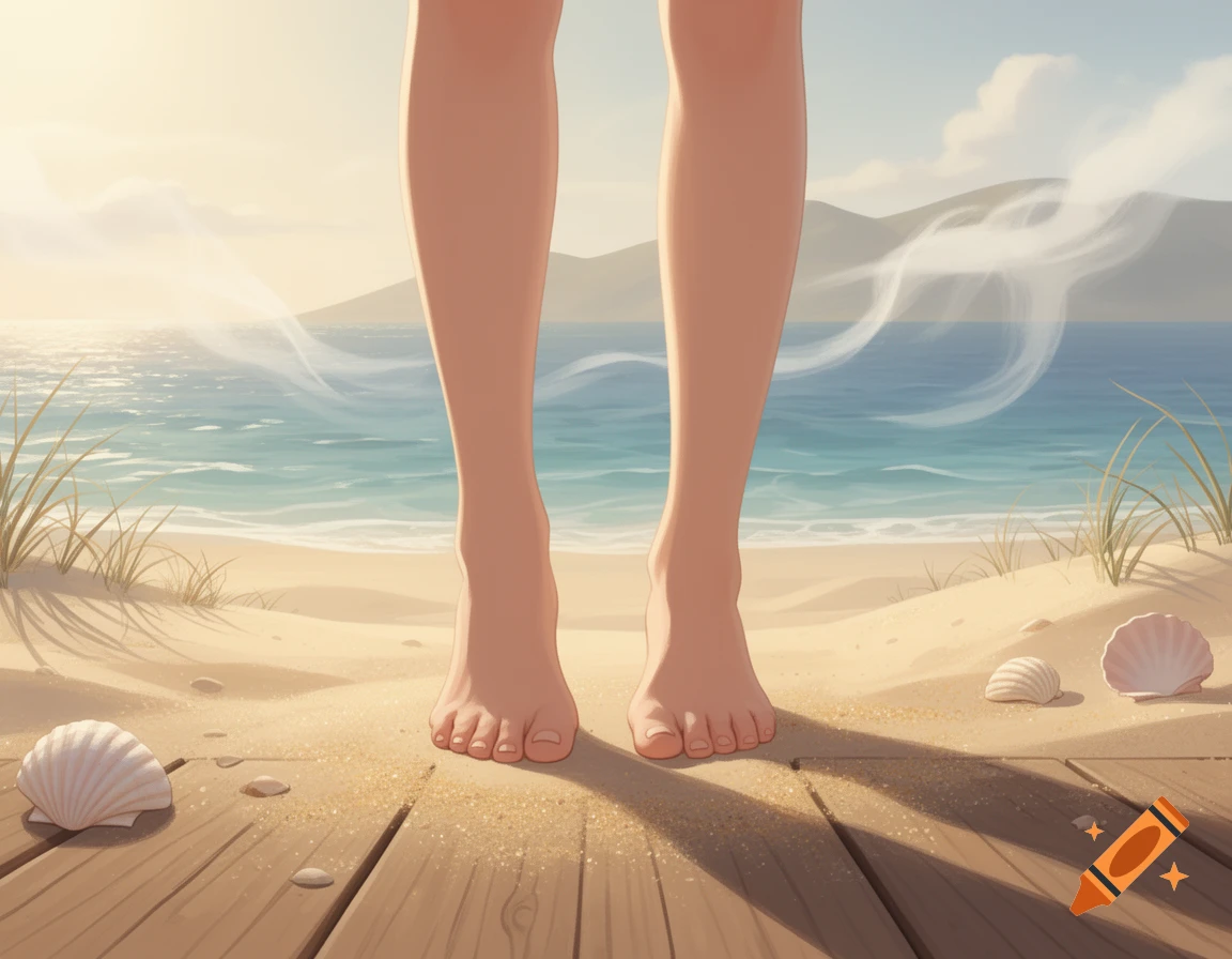 Bare legs and feet stand on a wooden boardwalk leading to a sandy beach and ocean under a sunny sky.