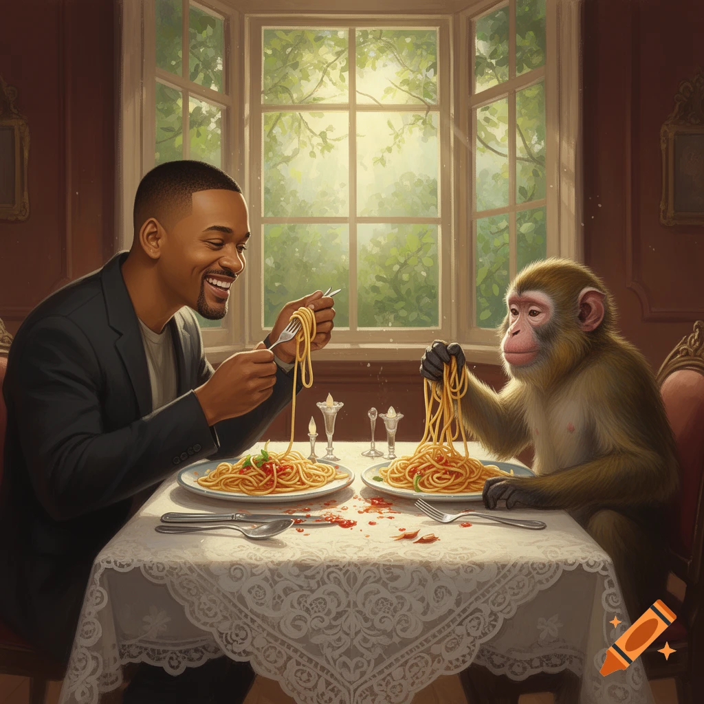 Will Smith smiling while eating spaghetti opposite a monkey at a table ...