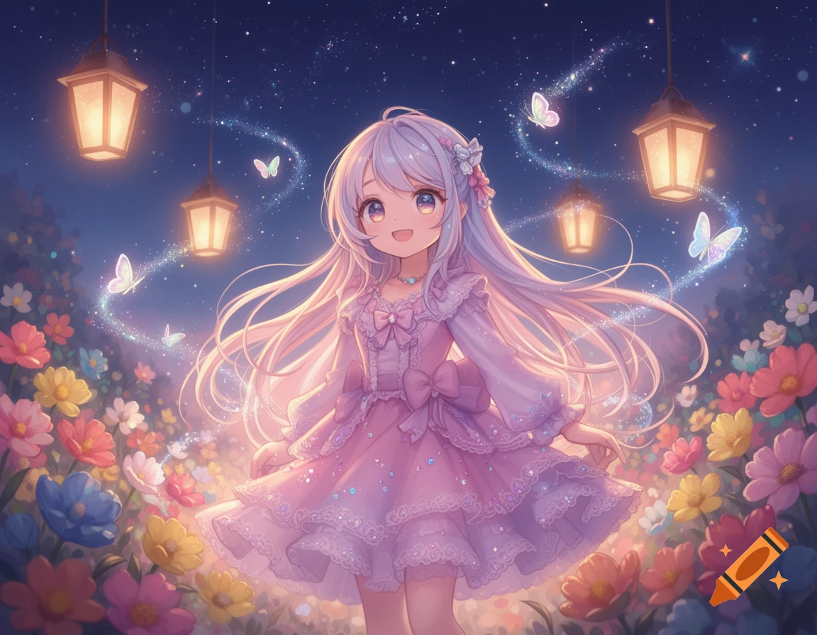 Anime girl with long lavender hair in a pink dress, surrounded by colorful flowers, glowing butterflies, and hanging lanterns under a starry sky.