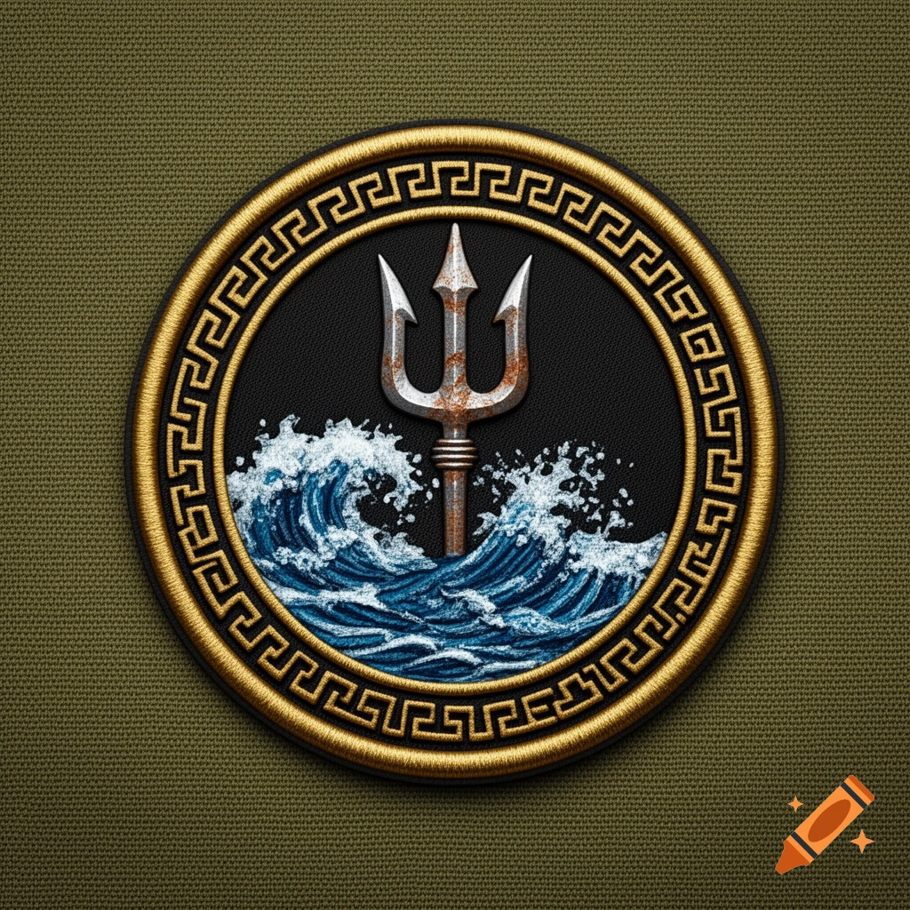 A round embroidered military patch featuring a rusty trident emerging from rough blue waves, encircled by a gold Greek key pattern on an olive green fabric background.