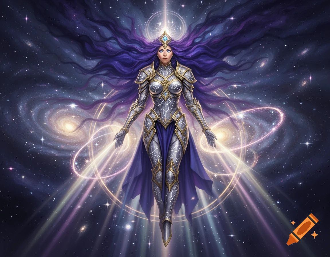 A cosmic goddess with long purple hair, wearing elaborate silver and gold armor, floats in a starry galaxy with swirling light trails.