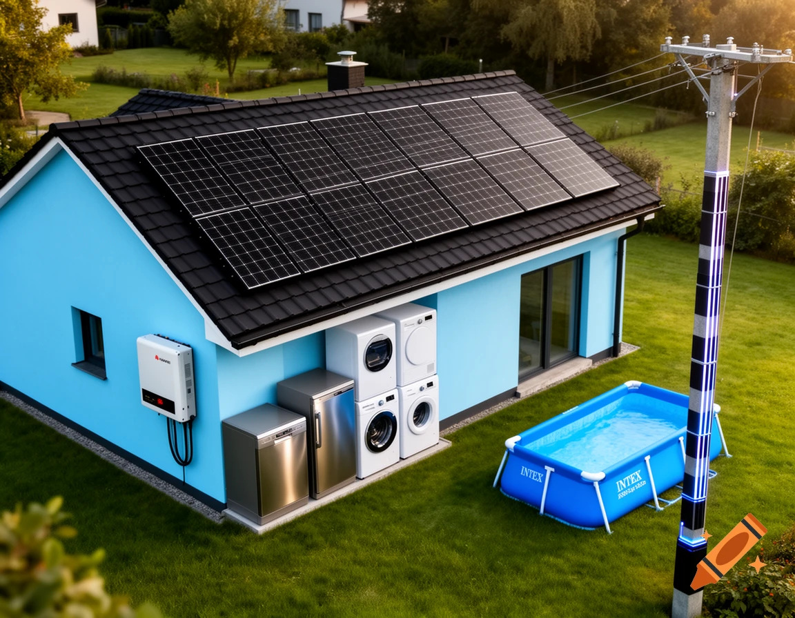 A light blue house with solar panels on a black roof, an inverter, stacked appliances, and a blue rectangular pool in a green backyard with a modern utility pole, seen from a bird's eye view.