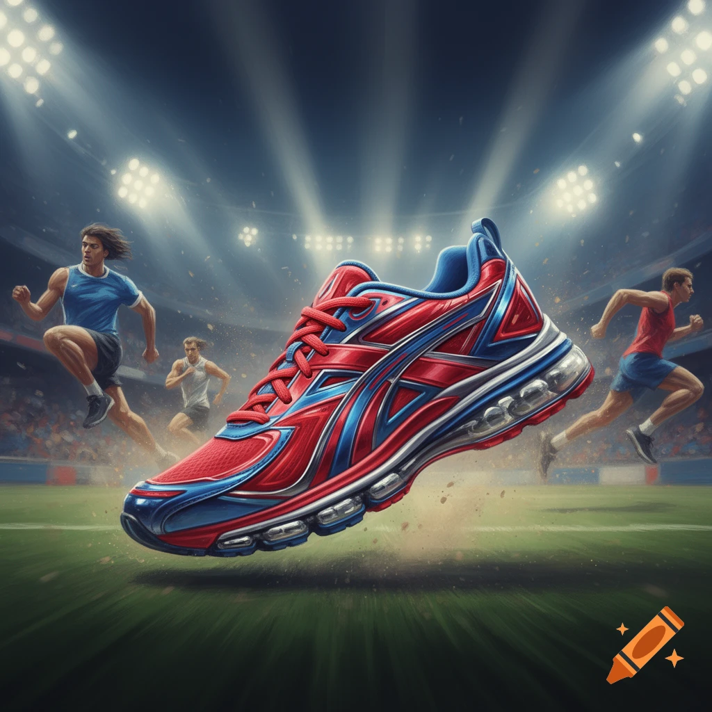 A vibrant red and blue running shoe floats above a track in a brightly lit stadium, with blurred runners in the background.
