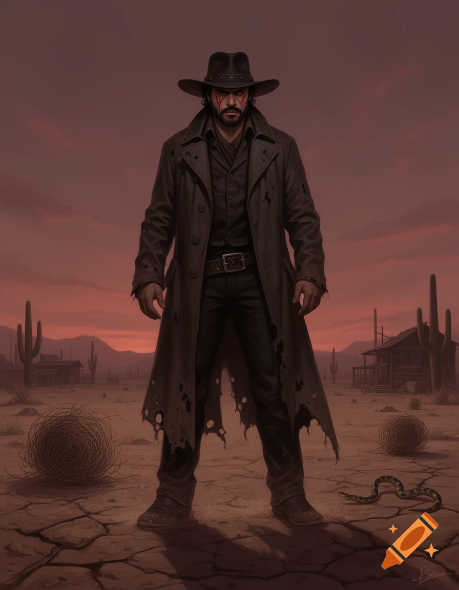 A digital painting of a grim cowboy in a long coat and hat, standing in a desolate desert at sunset with cracked earth, cacti, and a snake.