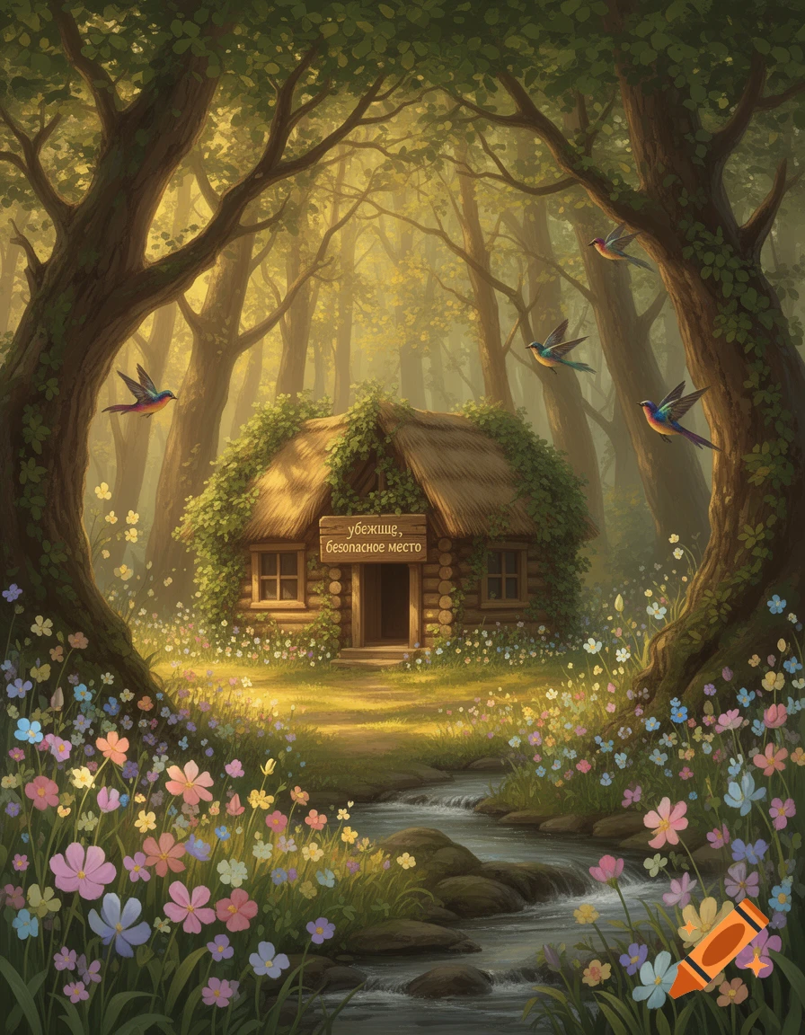 Whimsical cottage nestled in a sun-dappled forest, surrounded by colorful wildflowers and a stream, with birds flying.