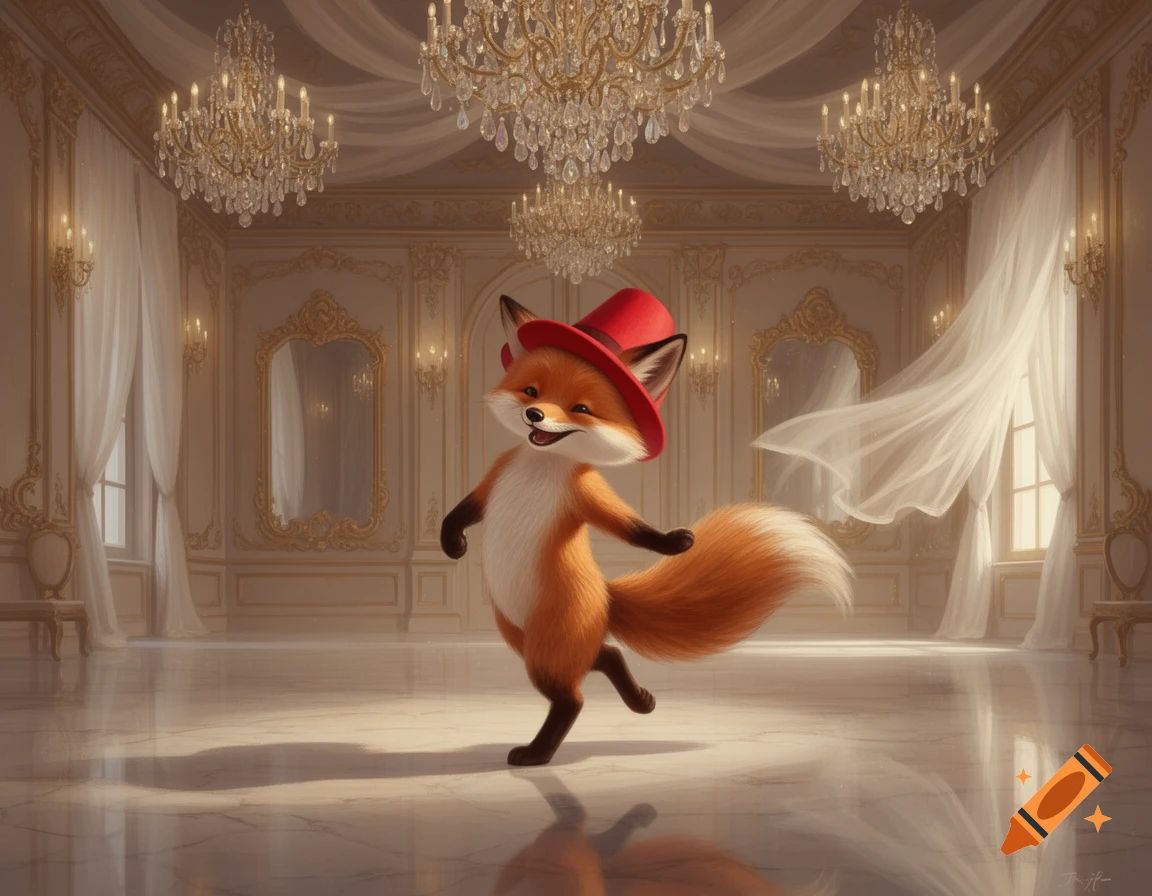 A cute cartoon fox wearing a red hat dances happily in a lavish ballroom with chandeliers and flowing white curtains.