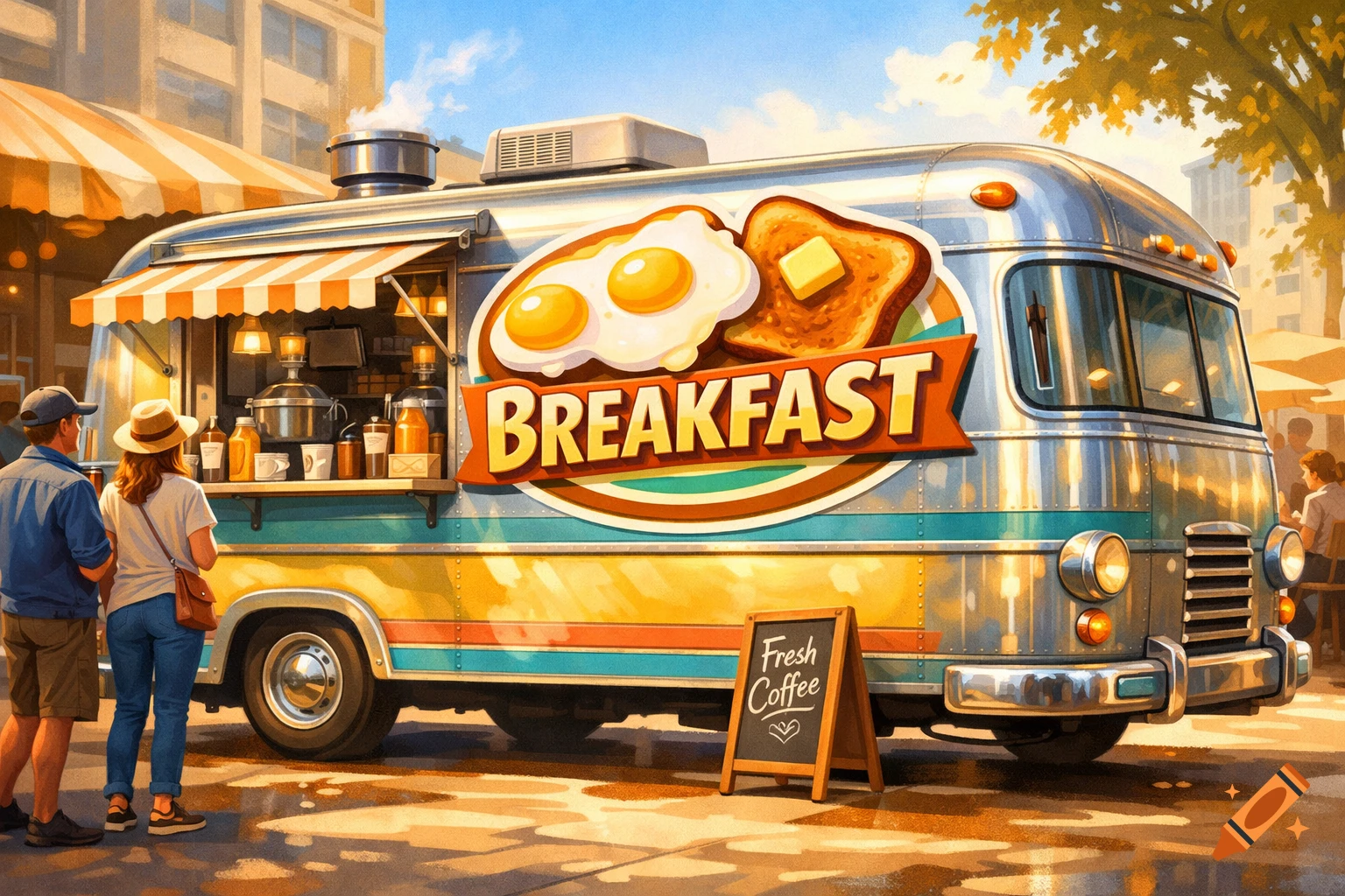A colorful, stylized illustration of a breakfast food truck with a 'Breakfast' sign and 'Fresh Coffee' sign, serving two customers.