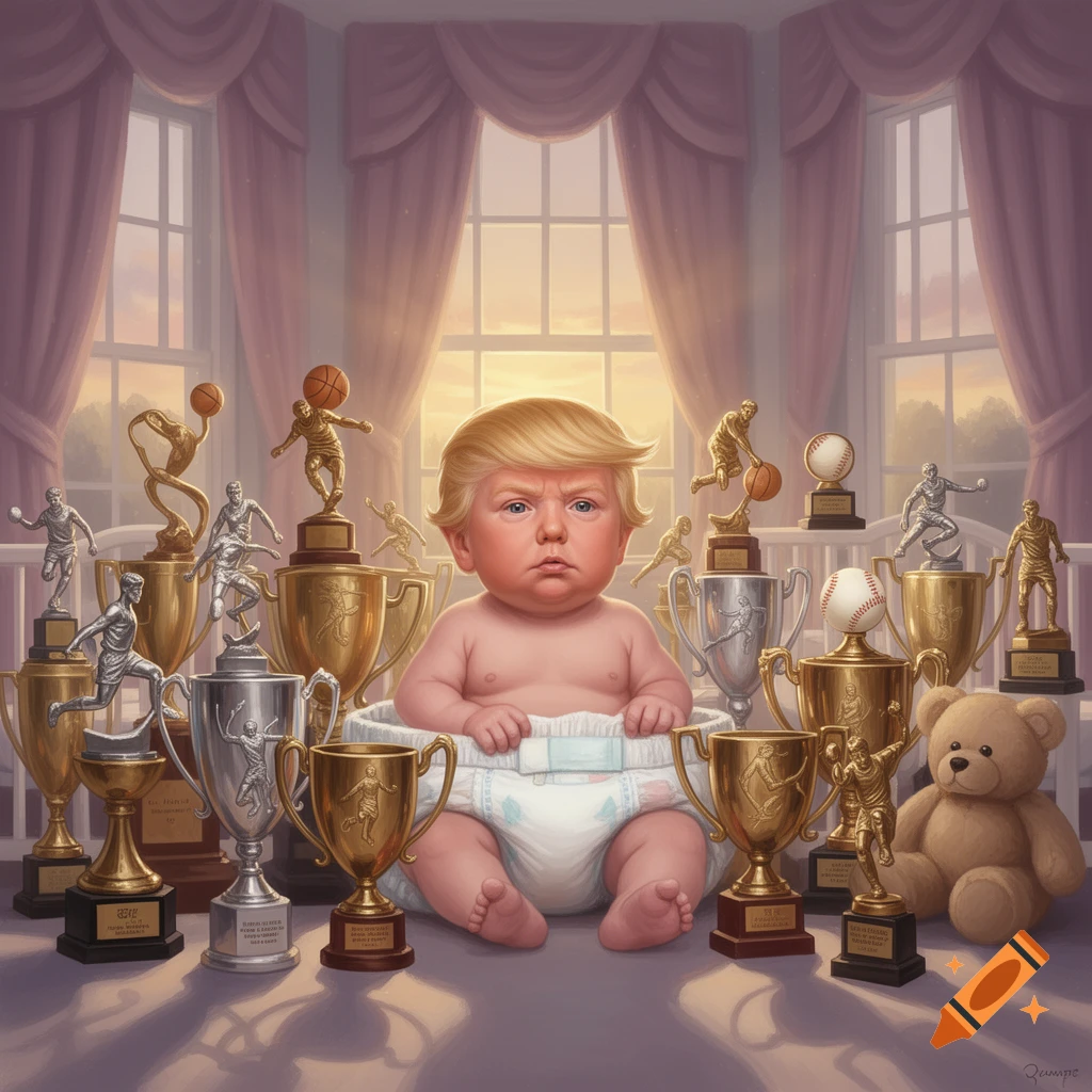 A baby with Donald Trump's face in a diaper, surrounded by many gold and silver sports trophies in a room with pink curtains.