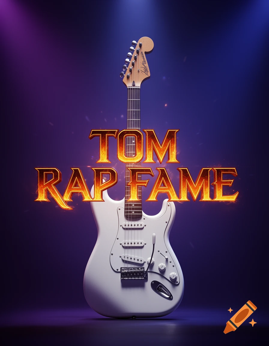 A white electric guitar with 'TOM RAP FAME' written in fiery gold text, illuminated by blue and purple stage lights.