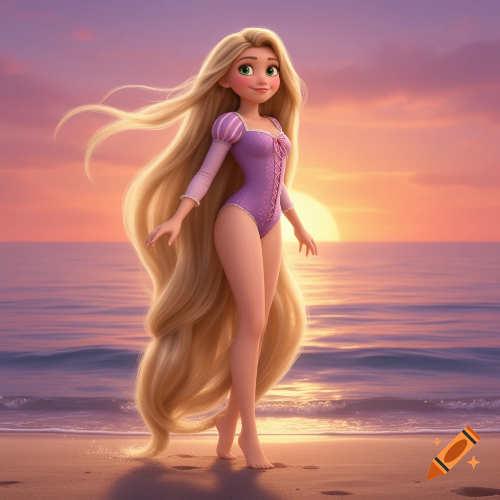 Animated Rapunzel in a purple swimsuit stands on a beach with a sunset behind her.
