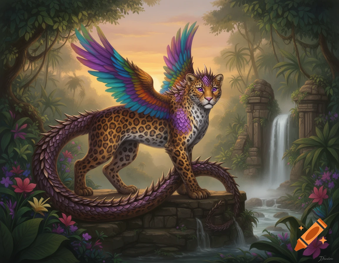 Winged Leopard Vector A vibrant, winged leopard-like creature with a scaled tail stands in a ...