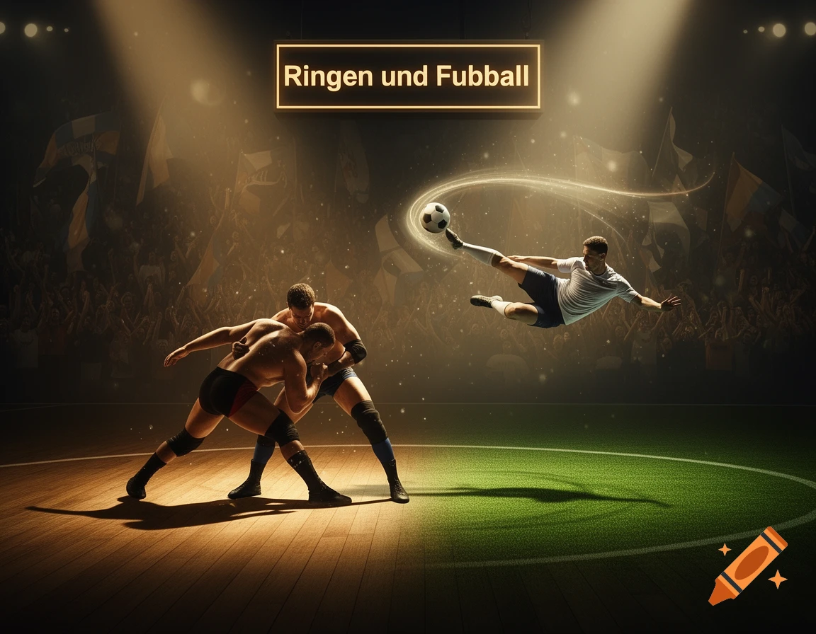 Stadium Ringen Two wrestlers grapple on a wooden mat next to a soccer player ...