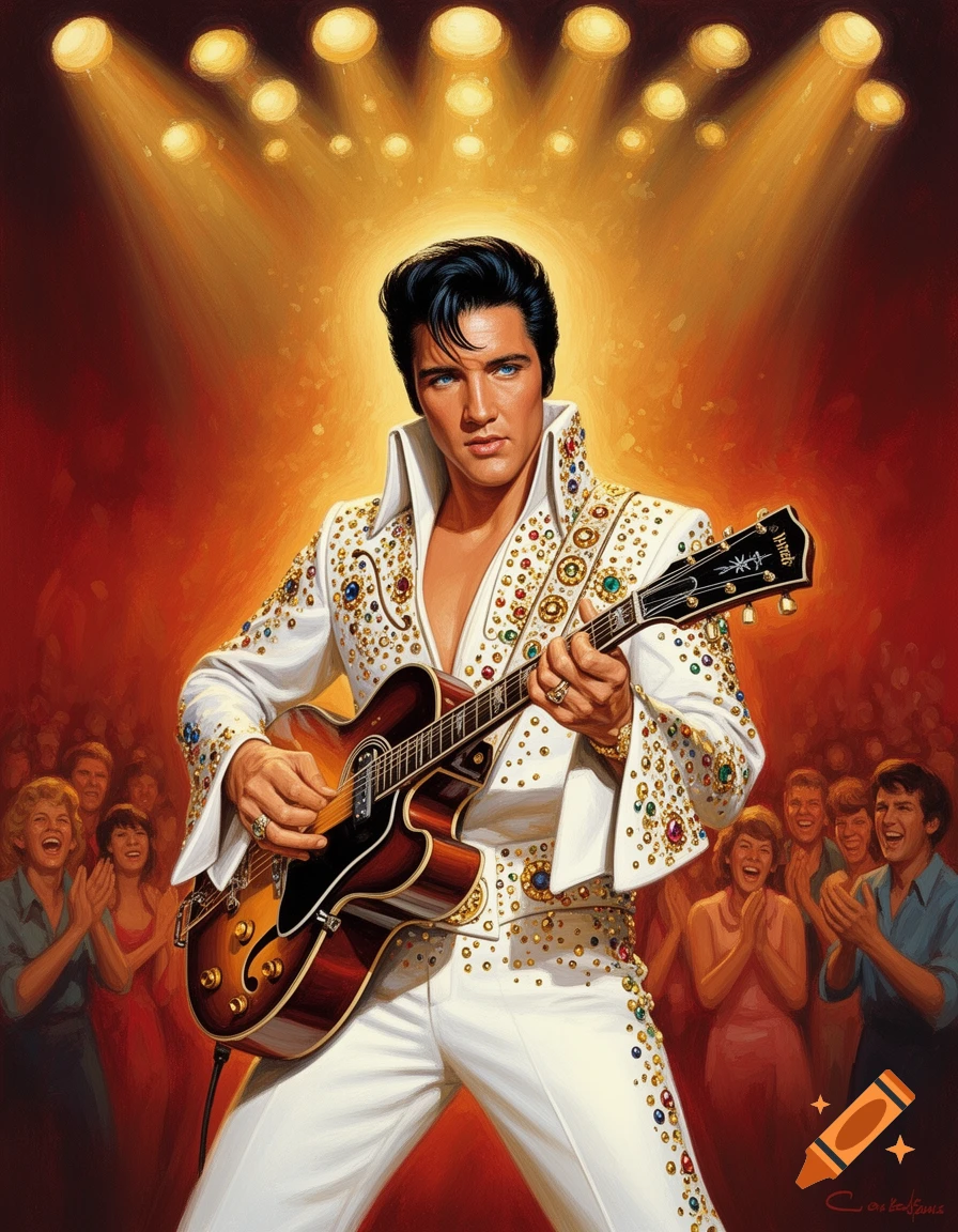 An oil painting of Elvis Presley in a jeweled white suit, holding a guitar on a stage with a spotlight, and a cheering crowd in the background.