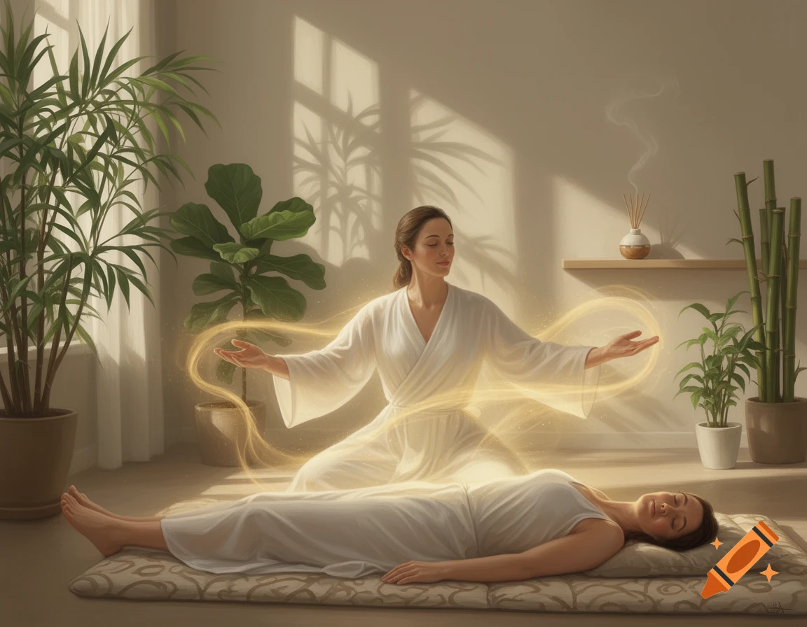 A kneeling woman performs energy healing on a lying woman in a sunlit room with plants.