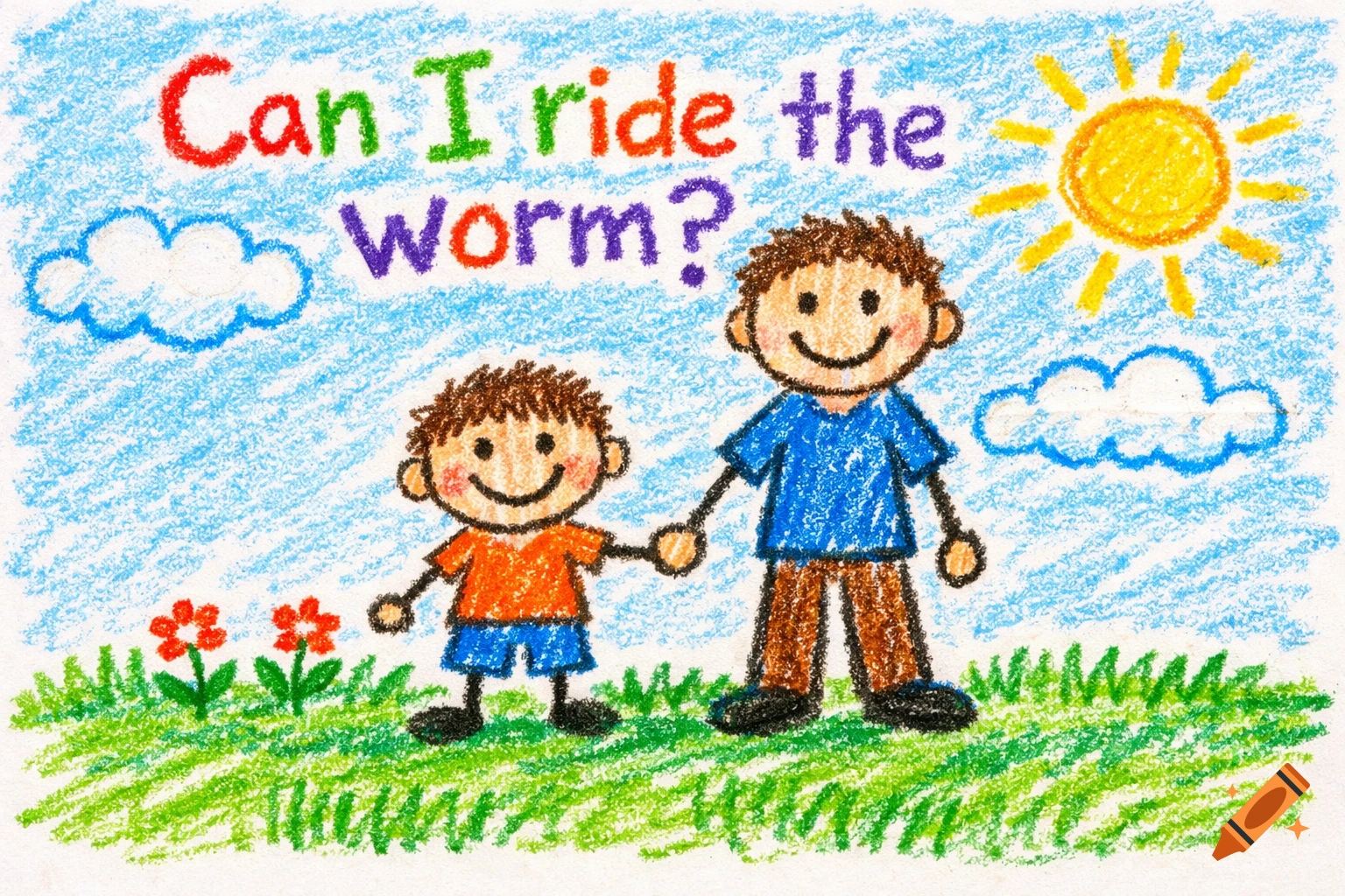 Crayon drawing of two smiling people, a child and an adult, holding hands in a field with a sun and clouds. Text reads, 'Can I ride the worm?'