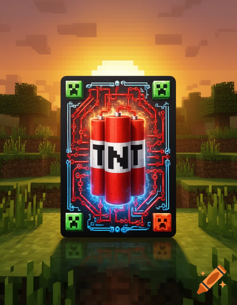 A stylized Minecraft playing card featuring three TNT blocks and glowing Redstone circuitry, set against a pixelated sunset landscape.