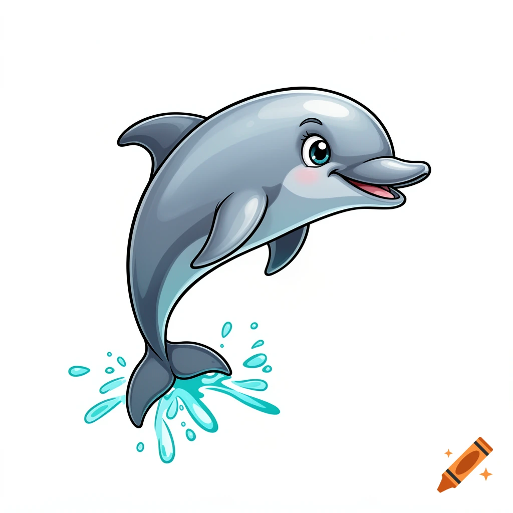 A cartoon dolphin with a friendly expression jumps out of turquoise water splashes against a white background.