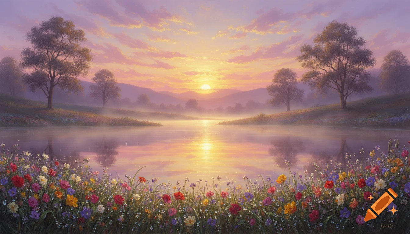 A serene sunrise over a misty lake with colorful wildflowers in the foreground and trees on the banks, painted in a soft, dreamy style.