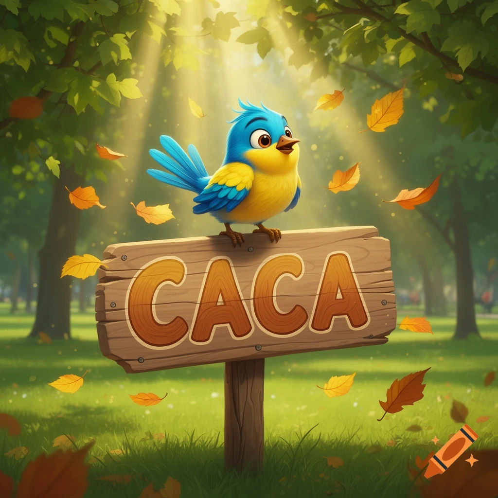 A cartoon blue and yellow bird perches on a wooden sign displaying the word "CACA" in a sunny forest with falling leaves.