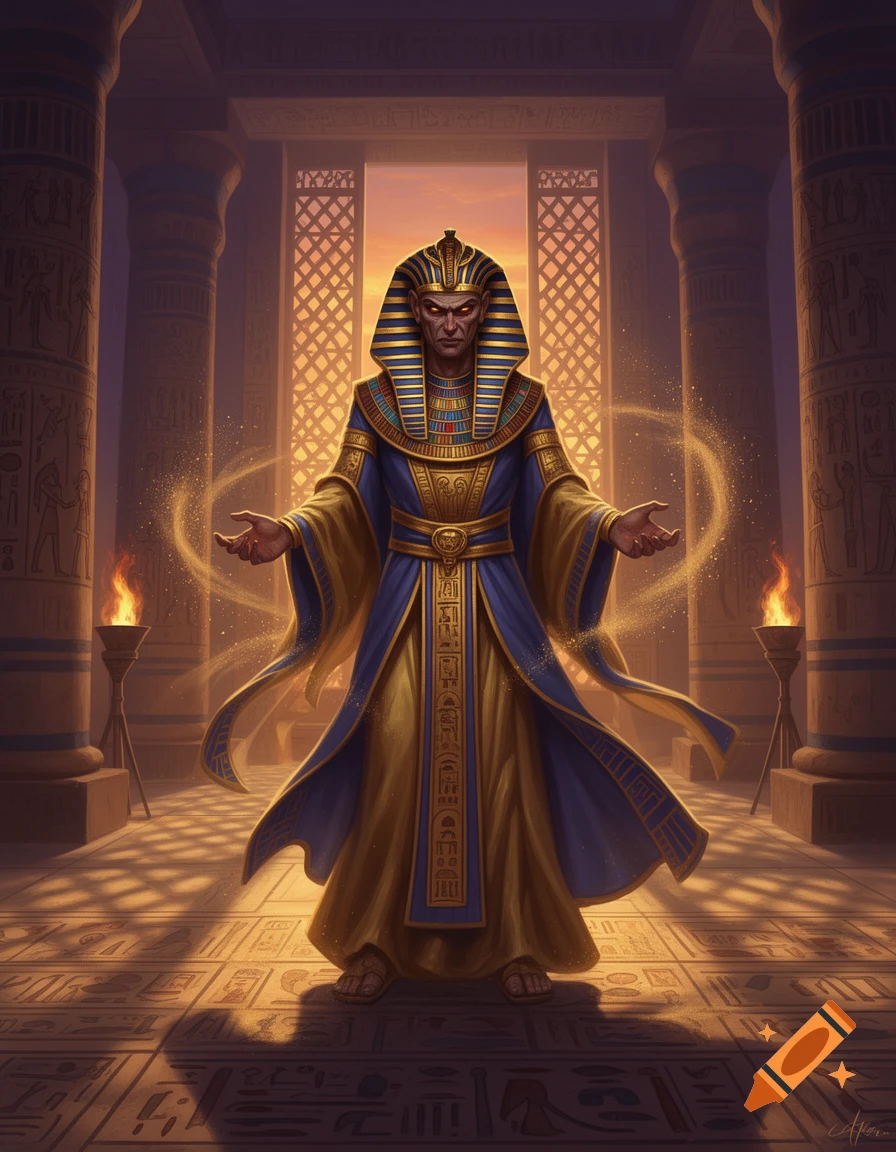 A menacing pharaoh-like villain in gold and blue robes with glowing red eyes, standing in an ornate ancient Egyptian temple, surrounded by glowing magic.