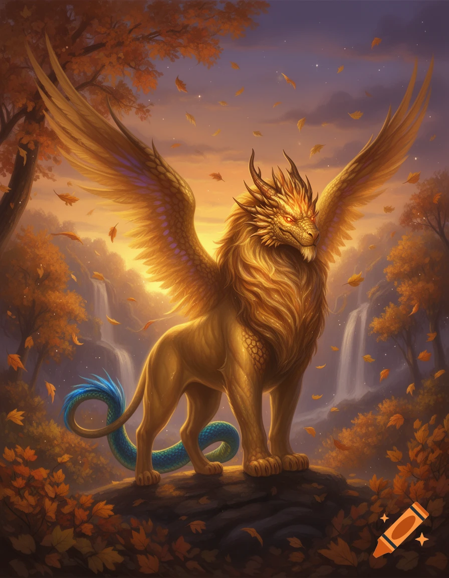 A majestic golden winged lion-dragon hybrid with a blue serpent tail stands on a rock in a vibrant autumn forest with waterfalls at sunset, digital art.