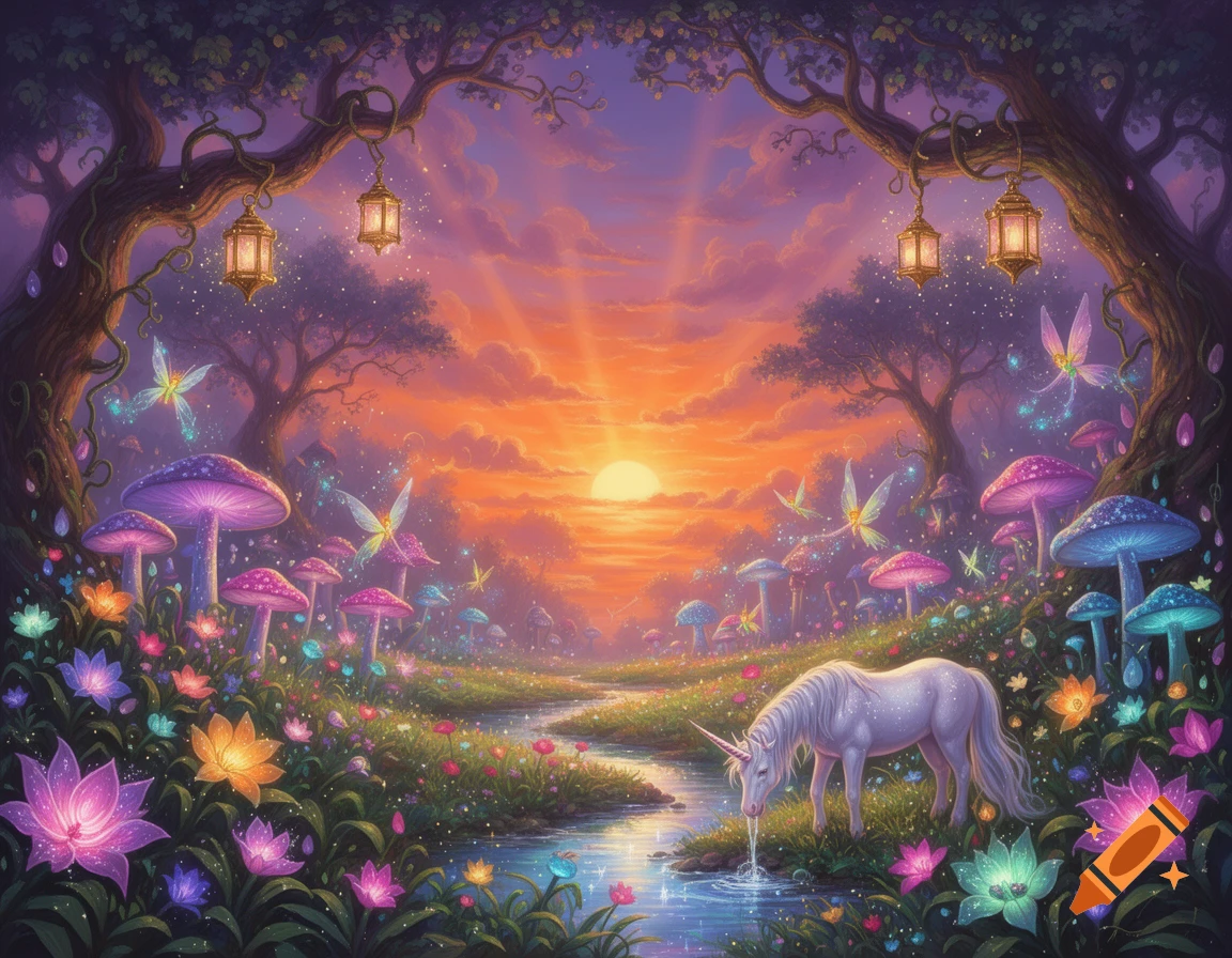A magical fantasy forest scene at sunset with a white unicorn drinking from a stream, surrounded by glowing mushrooms and vibrant flowers.