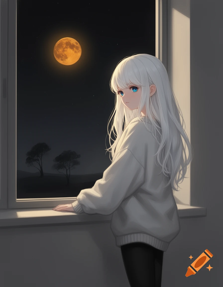 An anime girl with long white hair and blue eyes looks out a window at ...