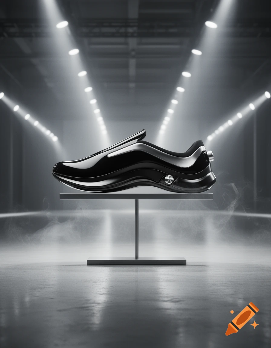 Sleek, futuristic black shoe with chrome accents on a display stand, lit by spotlights in a smoky studio.