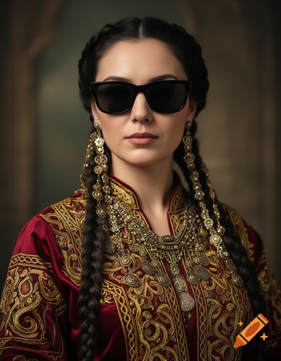 Photorealistic portrait of a Turkic woman wearing traditional red and gold embroidered clothing, elaborate jewelry, and black sunglasses.