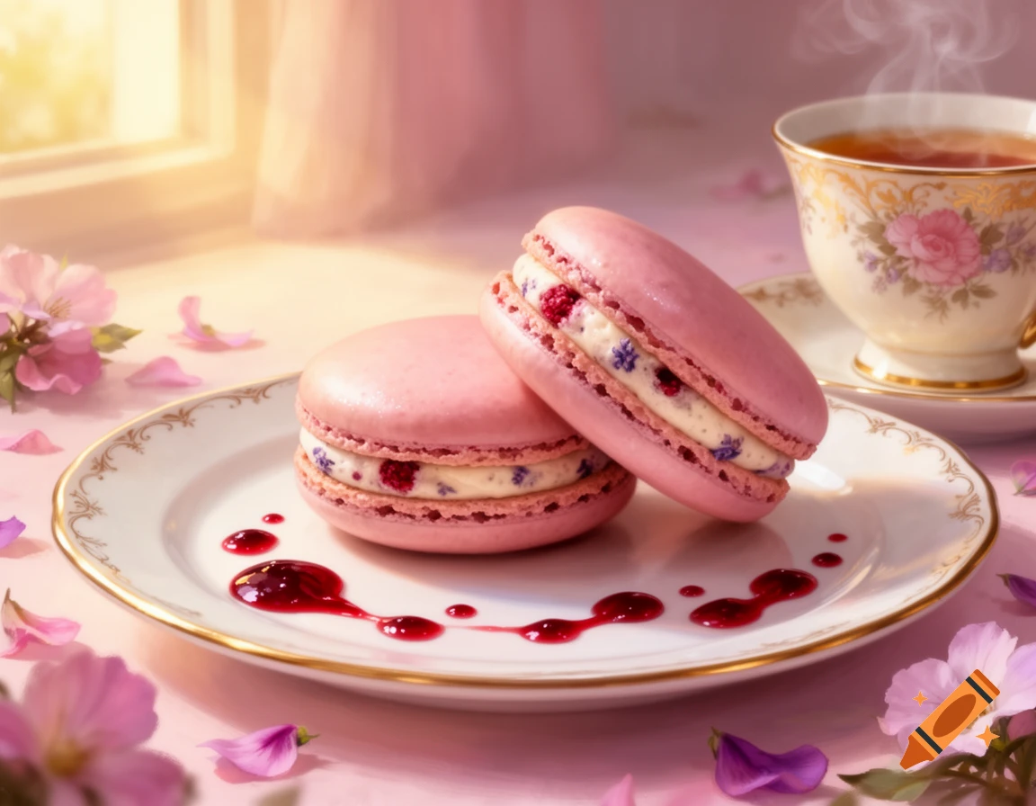 Two pink macarons with berry filling on a plate with raspberry drizzle, next to a steaming teacup and flowers in warm light.