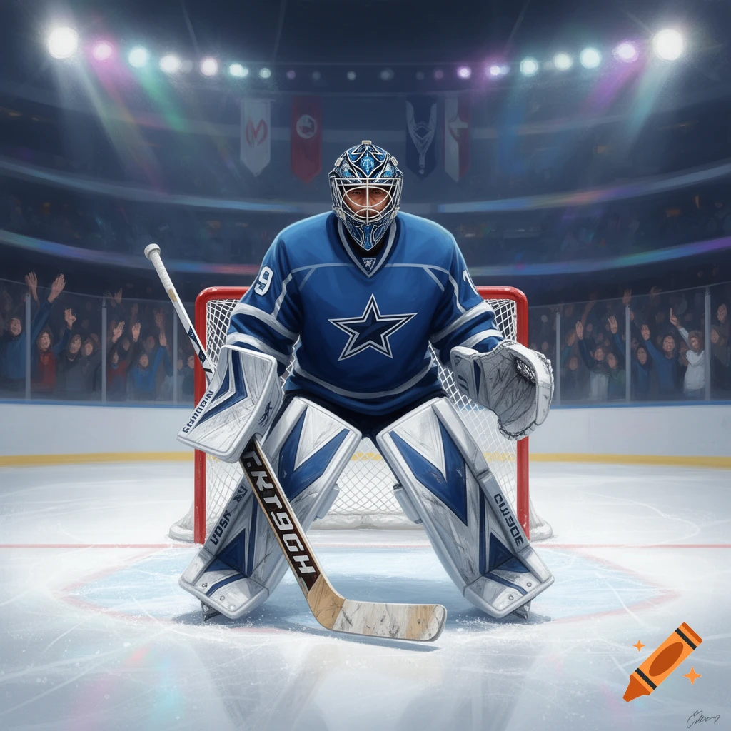 A hockey goalie in blue and white gear stands in front of a net on an ice rink, with a stadium crowd in the background.