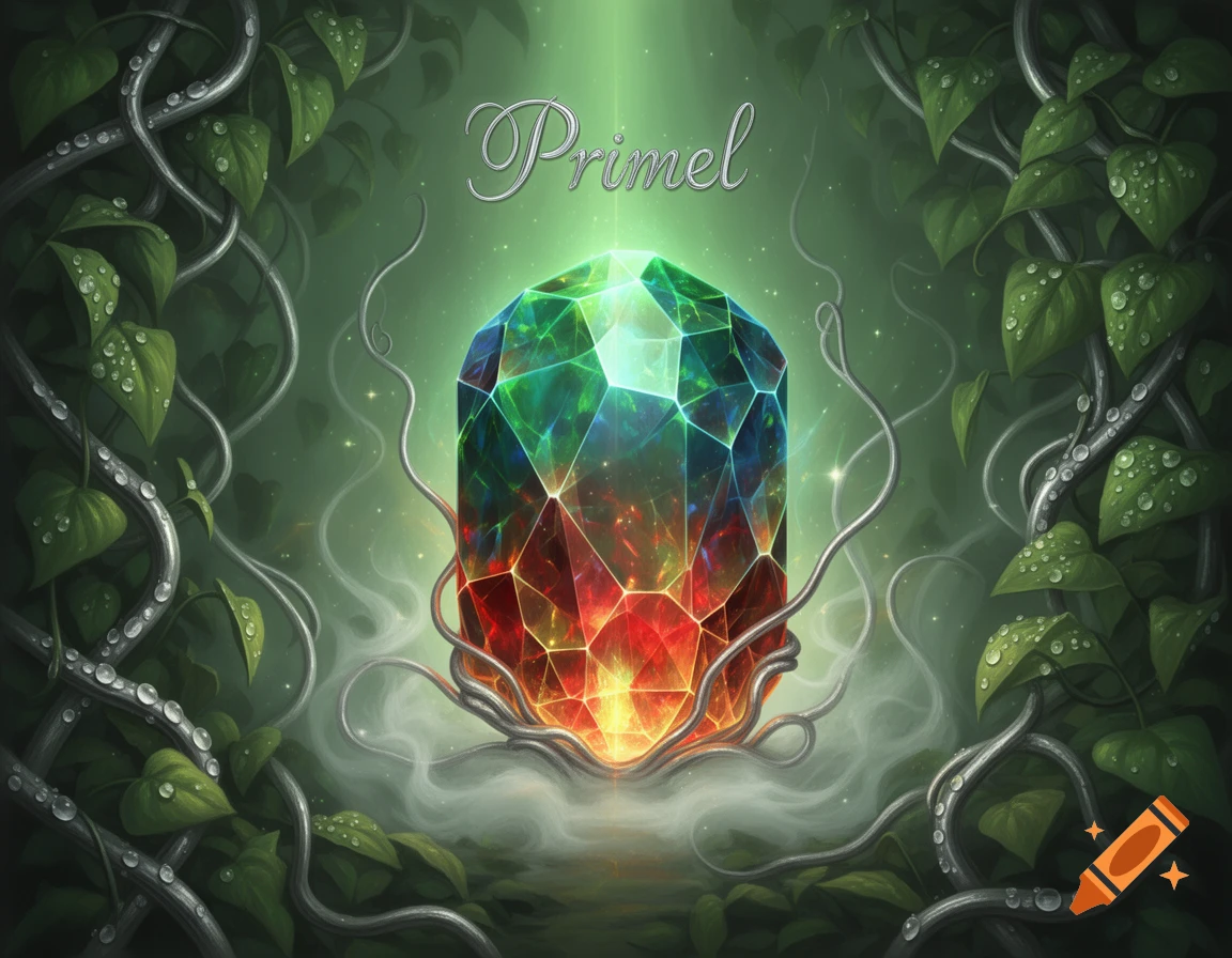 A vibrant, glowing multi-colored gem encased by lush green vines and mist, with the word Primel above it.
