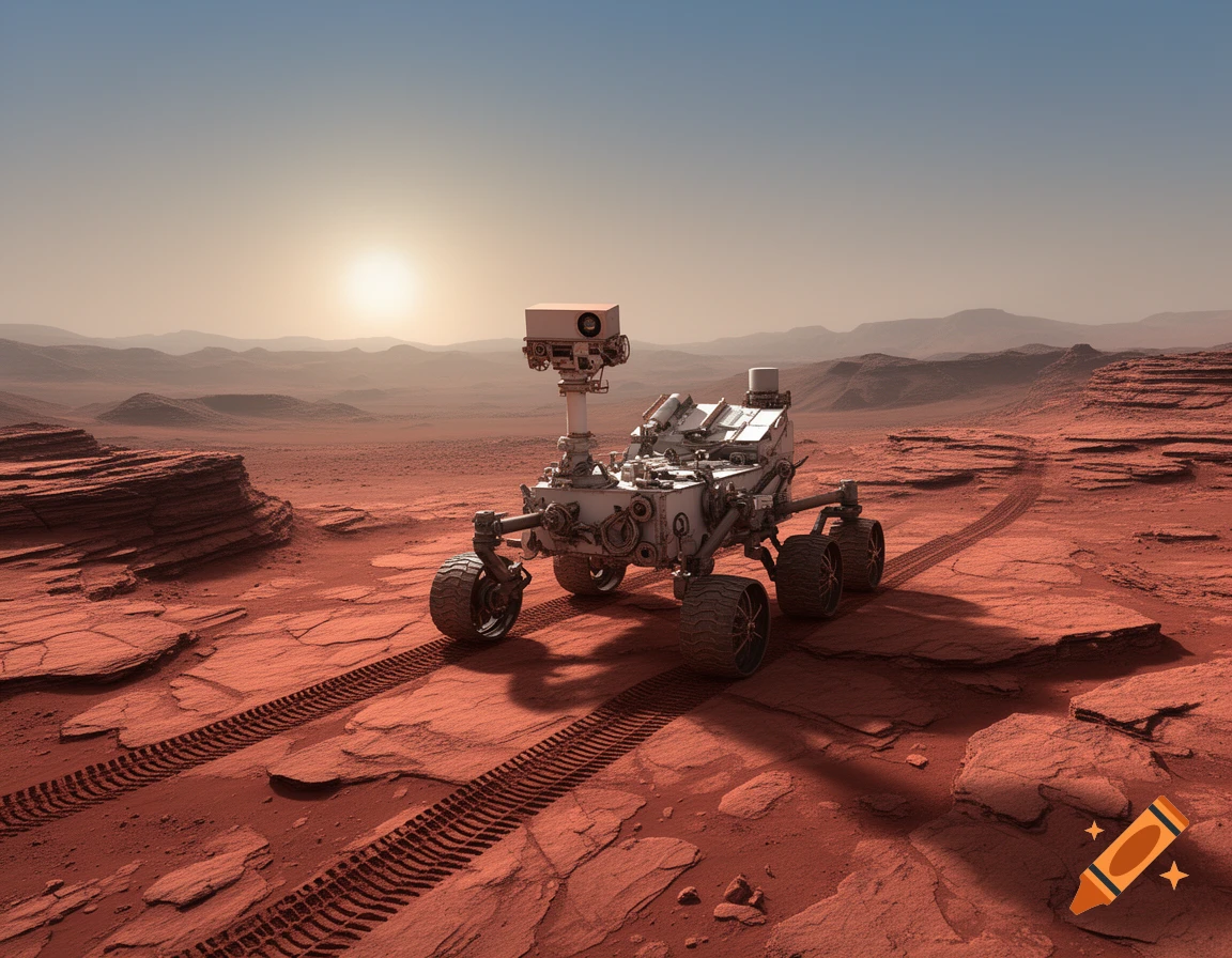 A photorealistic image of the Curiosity Mars rover driving on the ...