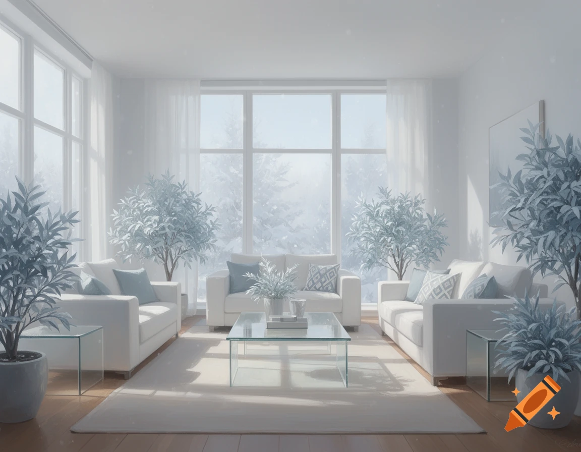 A bright, minimalist living room with white sofas, glass tables, and frost-dusted plants, looking out onto a snowy winter landscape.