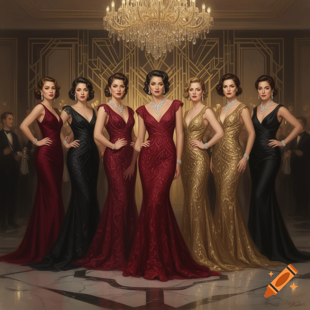 Six women in elegant red, black, and gold gowns posing in a lavish hall with a chandelier and art deco decor, photorealistic style.