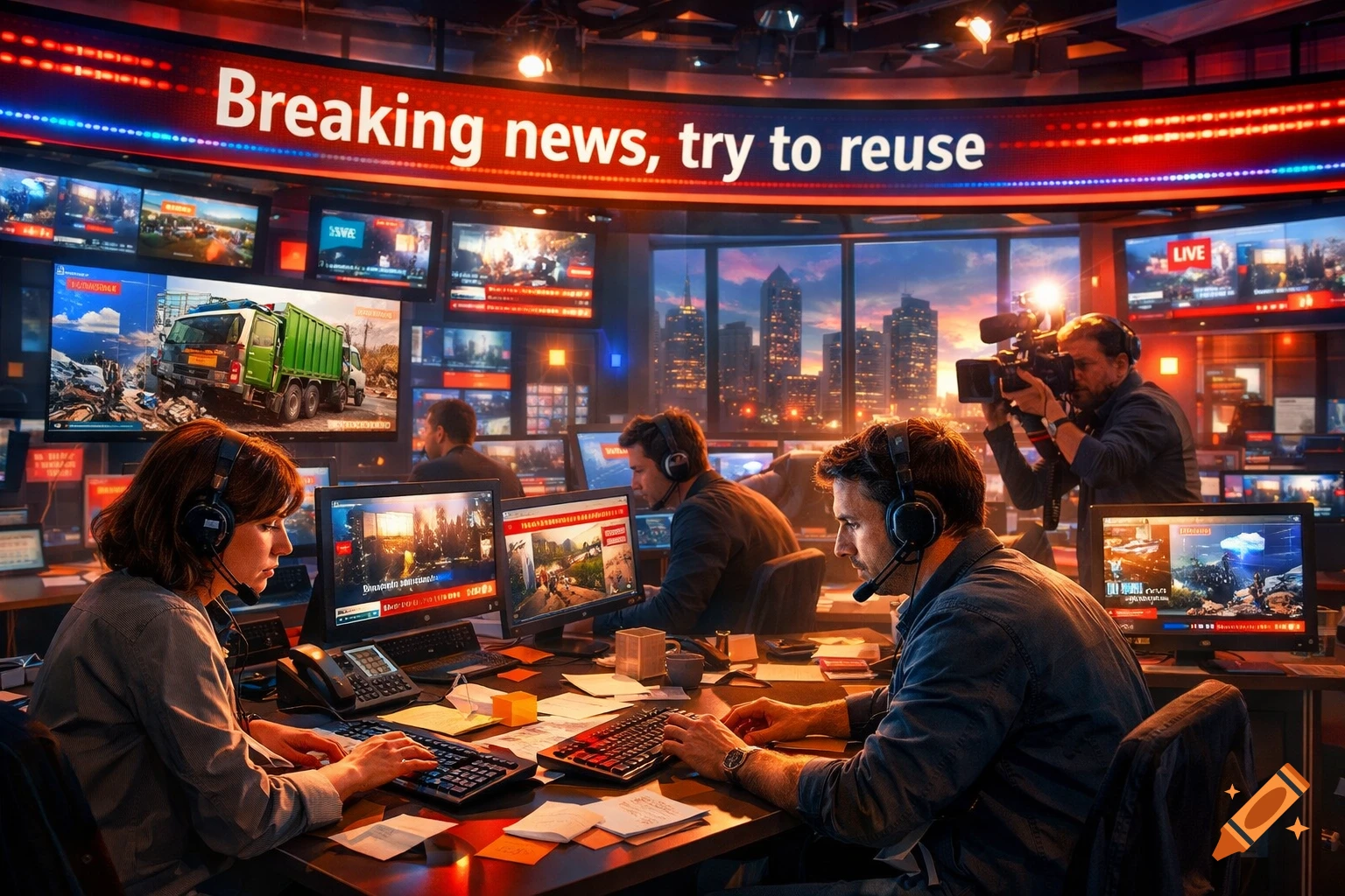 A bustling newsroom at night with multiple screens showing news footage and a banner displaying "Breaking news, try to reuse" above. People in headsets work at computers, and a cameraman films.