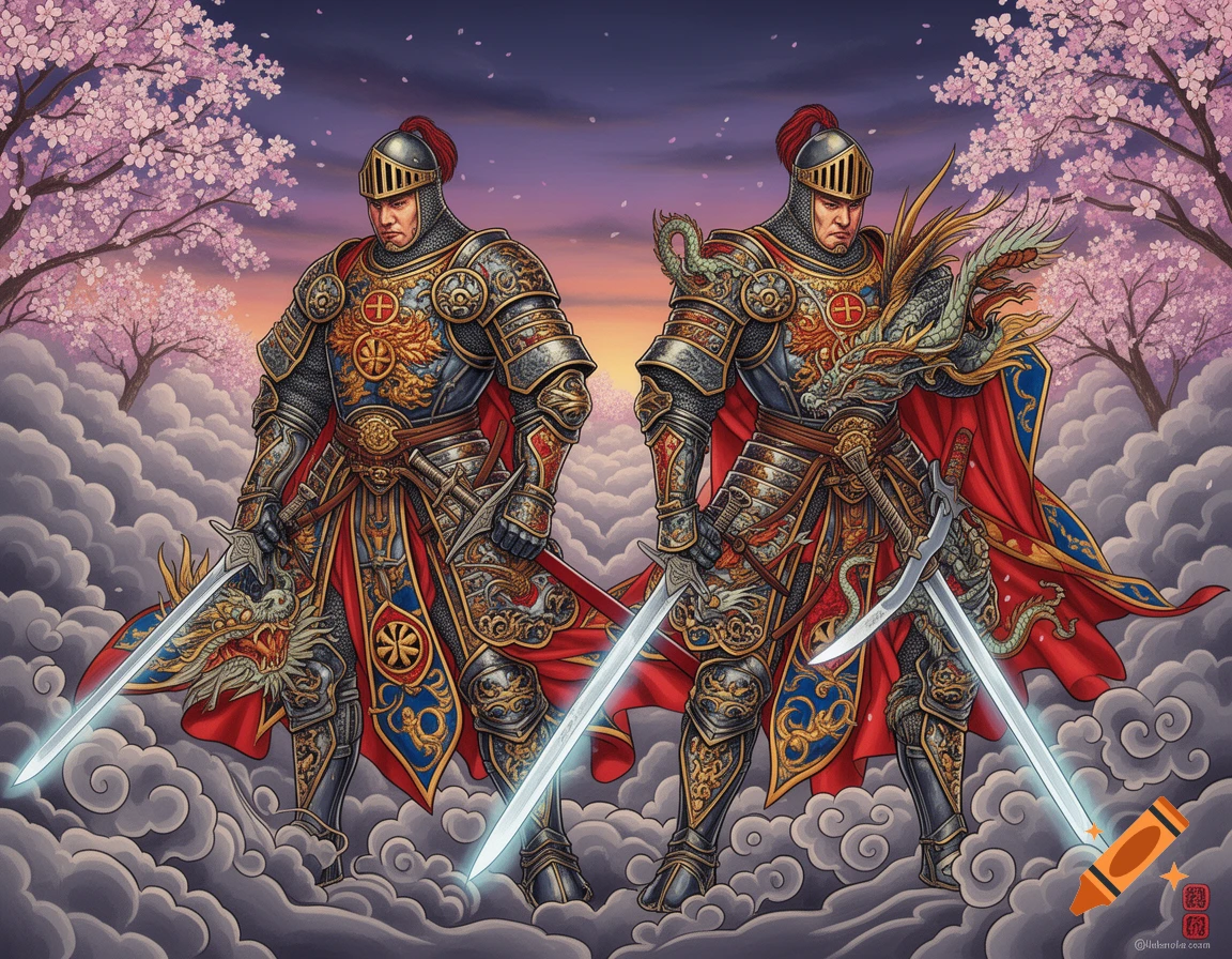 Two templar knights in ornate armor with swords stand amidst clouds and cherry blossoms, in a Japanese tattoo art style.