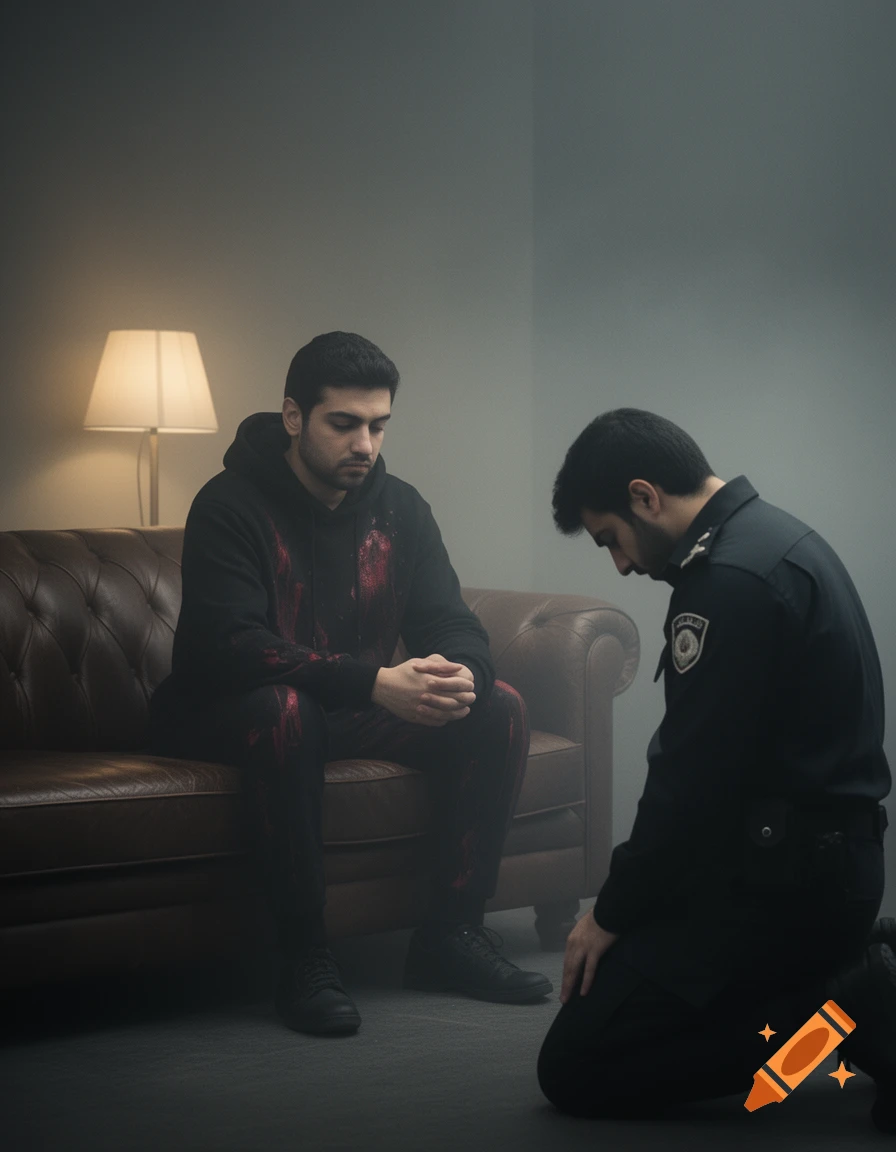 A man in a blood-stained black hoodie sits on a sofa under a lamp, while a policeman kneels before him with his head bowed in a somber, film noir style scene.