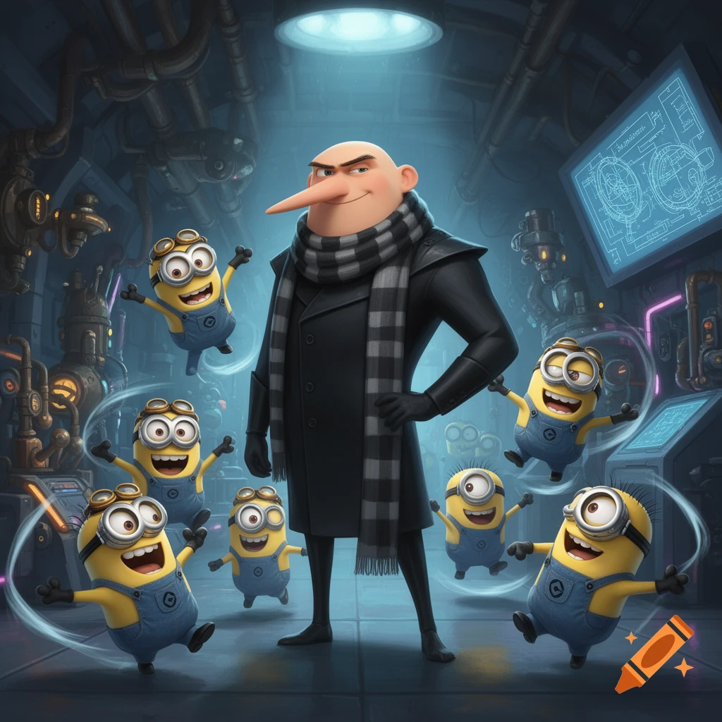 Gru stands in his dark coat and striped scarf, surrounded by six cheerful yellow minions in a futuristic lab.